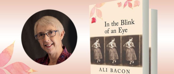 image of Ali Bacon headshot with the cover of In the Blink of an Eye