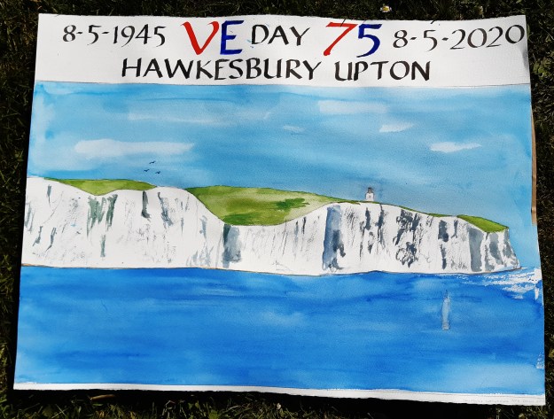 painting of White Cliffs of Dover with VE Day dates and Hawkesbury Upton